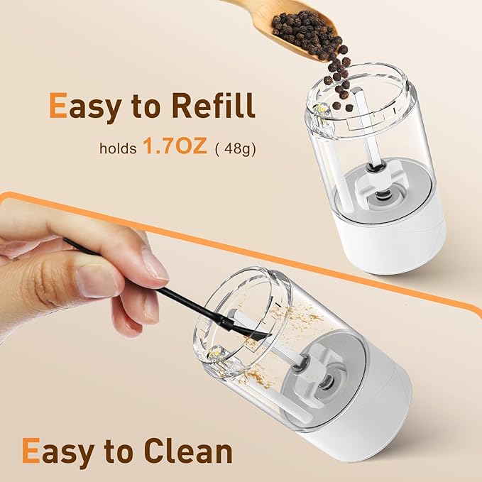 Electric Salt and Pepper Grinder Set, Rechargeable Automatic Pepper Mill Grinder with LED Light, House Warming Gifts New Home, One-Hand Operation for Kitchen Appliances(2 Pack Upgrade White)