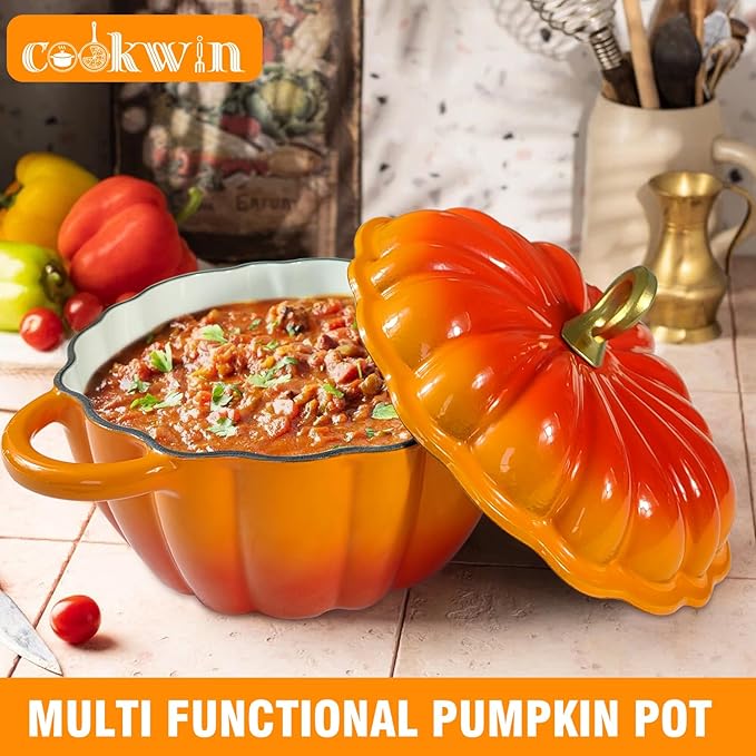 Pumpkin Enameled Cast Iron Dutch Oven with Lid, 4.5 QT Heavy Duty and Dual Handles Pot, Serves 3-5 and Oven Safe for Bread Baking, Braising, Cooking Soup and Family Gifts, Orange