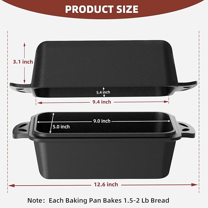 9×5 Inch Cast Iron Loaf Pan with Lid, 2-in-1 Bread Baking Pans for Homemade Bread, Pre-Seasoned | Even Heat Distribution, 2 Piece Set