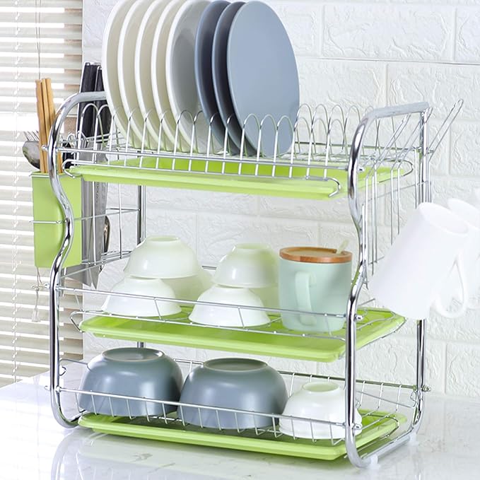 3 Tier Dish Racking System with Removable Drain Board - Sturdy Steel Kitchen Counter Organizer for Efficient Drying and Utensil Storage