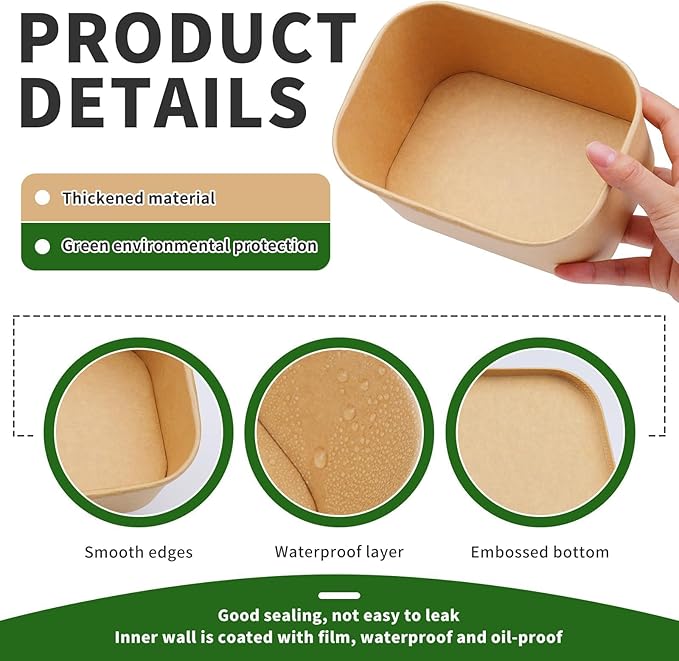 50 Pack 33 oz Paper Bowls, Disposable Food Containers with Lids, Rectangular Disposable Bowls, Disposable Salad Bowls with Lids for Diet Salad, Ice Cream, Yogurt, Party Food