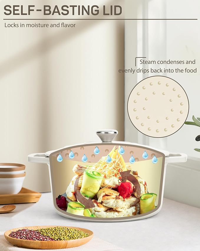 Enameled Cast Iron Dutch Oven – 4.4 Quart Pot with Lid & Potholders – Heavy-Duty Cookware for Bread Baking, Braising, Stews & Roasting – Oven & Stovetop Safe up to 500°F – Off White