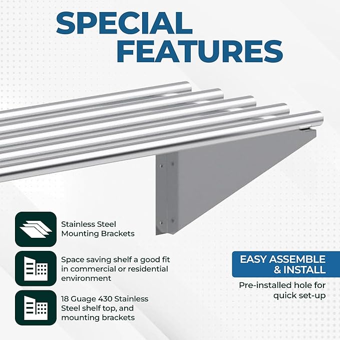 Premium Stainless Steel Tubular Wall Shelf – 48" L x 18" D | NSF Certified | Appliance & Equipment Shelf for Restaurant, Kitchen, Utility Room, Garage