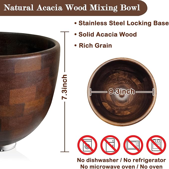 Acacia Wood Mixing Bowl Compatible with KitchenAid 4.5 & 5 QT Tilt-Head Models, Wooden Mixer Bowl for KitchenAid Stand Mixers