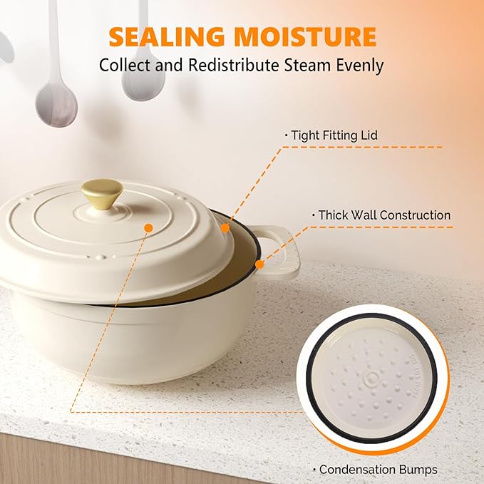ROVSUN Enameled Cast Iron Round Dutch Oven, 6QT Pot with Lid &Dual Handles with Silicone Gloves,Oven Safe up to 500°F, Heavy-Duty Pre-Seasoned Cookware for Bread Baking, Braising, Stews, Roasting, Cream White