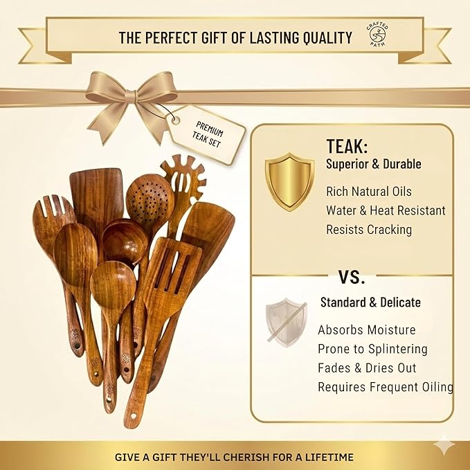 Teak Wooden Utensil Set (9-Piece) – Teak Cooking Utensils for Nonstick Cookware, Teak Wooden Spoons for Cooking & Spatula - Natural Wood Kitchen Utensils by Crafted Path
