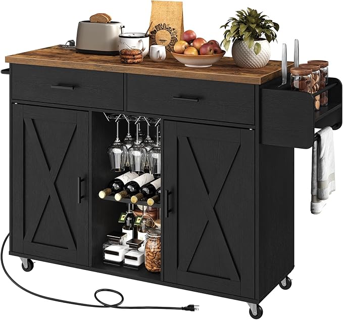 HOOBRO Kitchen Island on Wheels, Rolling Kitchen Island with Power Outlet, Island Table with Storage Cabinet, 2 Drawers, Spice Rack and Towel Rack, Black and Rustic Brown BF14UZD01