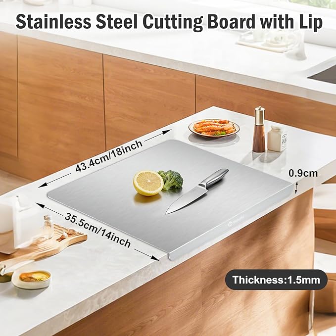 Stainless Steel Cutting Board for Kitchen with Lip, Large Metal Chopping Board with Counter Edge, Dishwasher Safe Non-Slip Pastry Board for Meat Vegetables & Baking(18x14)
