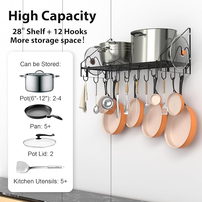 28 Inch Pot Rack Wall Mounted, Pots and Pans Organizer with 12 Hooks and 2 Pot Lid Holders, Heavy Duty Steel Pot and Pan Hanger for Kitchen Cookware Utensils Storage 34.7" Lx13 Wx12.6 H
