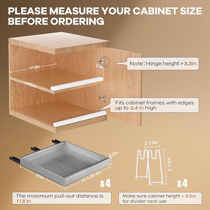 4 Pack Pull out Cabinet Organizer 21"Deep With Raising Pad for Framed Cabinets, Expandable Slide out Drawers for Kitchen Cabinets with 4pcs Divider Racks,Roll out Shelves 12.1"-20.4" W Silver