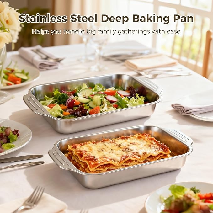 2 Pcs Stainless Steel Cake Pans, 9x13 Rectangular Baking Pans with Silicone Brush & Spatula, Cake Baking Trays with Double Handle, Rectangle Baking Bakeware for Breads, Meats (With lid)