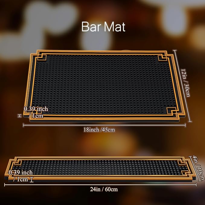 4 Pcs Bar Mat 24 x 4 Inch and 18 x 12 Inch Non Slip Rubber Mat with Gold Border Durable Stylish Spill Cocktail Service Coffee Mats for Restaurants Barbershop Clippers Bartending, Black