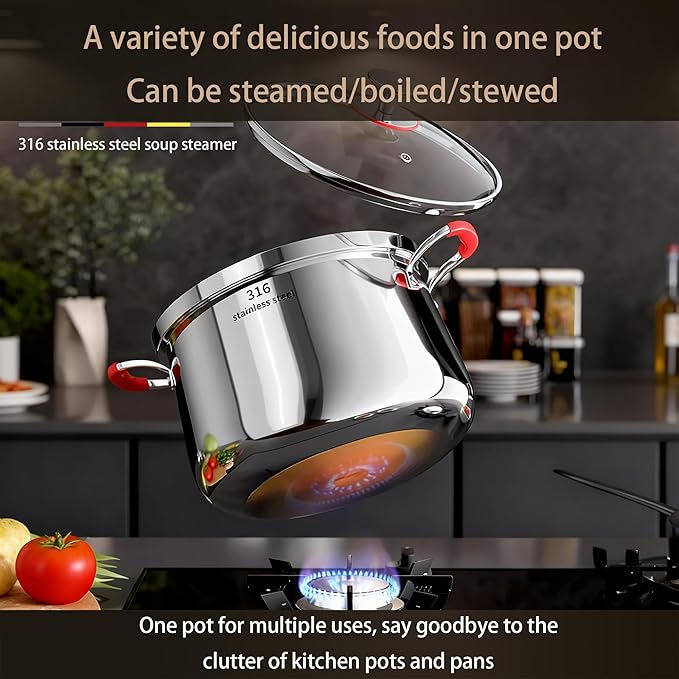 5 Qt Stainless Steel Stock Pot, Fast Heating 316 Thickened Clad with Glass Lid, Induction Gas Electric Ceramic Halogen Compatible Stew Pot (1 Tier, 22cm)