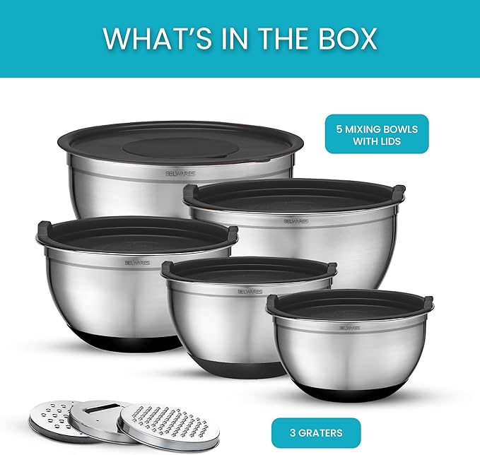 Belwares Mixing Bowls with Airtight Lids - 8PCS Stainless Steel Nesting Mixing Bowls Set Non-Slip with 3 Grater Attachments, Kitchen Bowls, Sizes 5, 4, 3.5, 2, 1.5QT for Baking & Food Prep (Black)