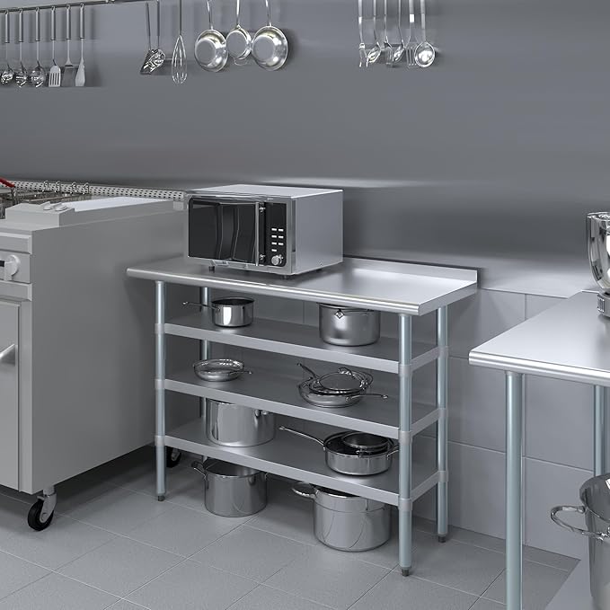AmGood Stainless Steel Work Table with 1.5" Backsplash and 3 Shelves | Metal Kitchen Food Prep Table | NSF (48" Long x 18" Deep)