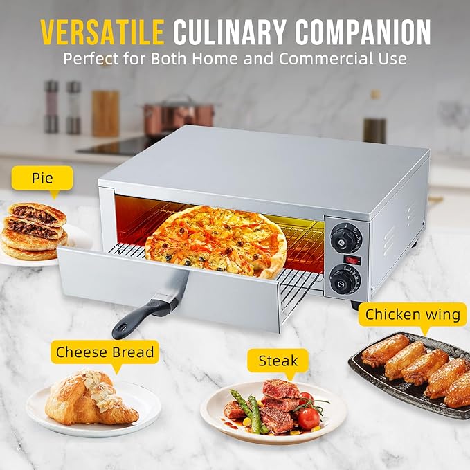 GarveeHome Electric Pizza Oven Indoor, 16 in Countertop Commercial Pizza Oven with Grilling Rack, Crumb Tray, Handle and Feet Pads, Stainless Steel Pizza Baking Machine for Home and Restaurant