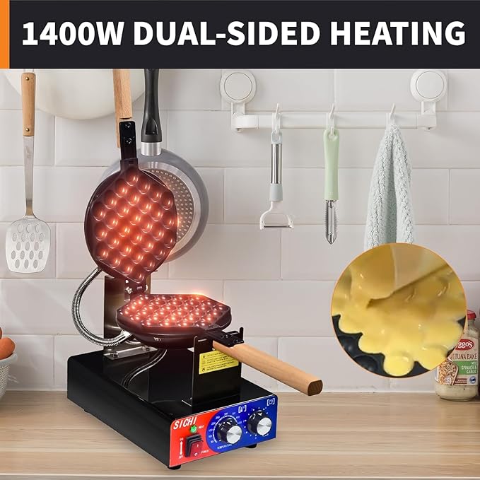 Bubble Waffle Maker - Commercial Egg Waffle Maker w/Non-stick, Temperature and Timers, 1400W Hong Kong Egg Waffle Iron w/Rotating Baking Pan, Stainless Steel Bubble Waffle Machine Restaurants