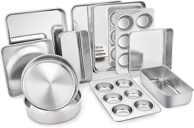 TeamFar Stainless Steel Bakeware Set of 11, Toaster Oven Baking Pan Set, Lasagna Pan, Square & Round Cake Pan, Loaf Pan & Muffin Pan, Healthy & Heavy Duty, Dishwasher Safe & Smooth