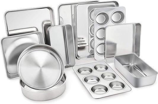 TeamFar Stainless Steel Bakeware Set of 11, Toaster Oven Baking Pan Set, Lasagna Pan, Square & Round Cake Pan, Loaf Pan & Muffin Pan, Healthy & Heavy Duty, Dishwasher Safe & Smooth