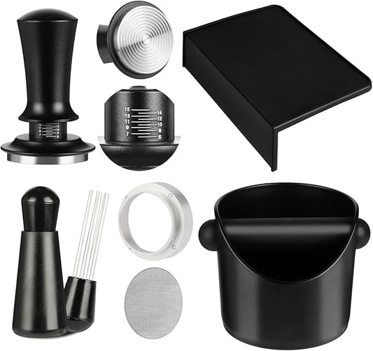 Espresso Accessories,6 PCS Espresso Machine Accessories Kit,Coffee Tamper Tools Set with Espresso Tamper,Coffee Tamping Mat,WDT Distribution Tool,Knock Box,Dosing Funnel and Puck Screen(54mm)