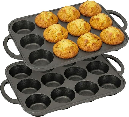 2pack Cast Iron Muffin Pans for Baking 12 Cup Regular Size Cupcake Pan with Handle Pre-Seasoned Muffin Pans Molds