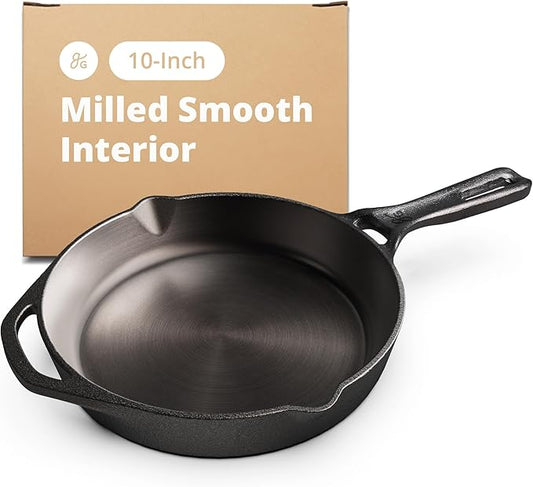 Greater Goods 10-Inch Cast Iron Skillet Frying Pan – Milled Smooth Cast Iron Cooking Surface, Organically Pre-Seasoned with Flaxseed Oil, Long Handle & Dual Pour Spouts for Better Control