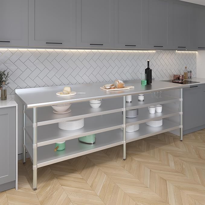 AmGood Stainless Steel Work Table with 1.5" Backsplash and 3 Shelves | Metal Kitchen Food Prep Table | NSF (96" Long x 30" Deep)