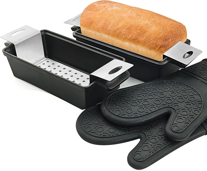 Voulosimi 2-In-1 Cast Iron Oven Pan - 9"x5" Durable Loaf Pans Rectangular Baking Pan set for home baking, 2 Piece Set -1.8 QT×2 Pcs (Stainless steel mats, Bread Pan 3 Set)