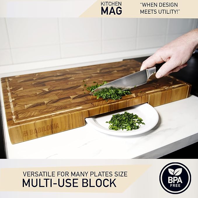 Teak Cutting Board - 15.7 x 10.2 Inch (ExtraThick 1.7") Premium Quality Butcher Block for Meat, Cheese, Charcuterie Board. Heavy Duty End Grain Wood Chopping Board with Handle (Oil & Plate Included)