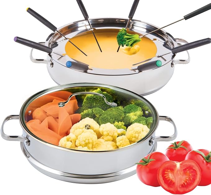 Nuwave Design-18/8 Stainless Steel Cookware,Free of PTFE PFOA PFOS,Fondue Pot Set,Works On All Cooktops and Induction Cooker,Include Pot,Steamer Basket,Glass Lid and 8 Fondue Forks,10 -Yeär Wärranty, 3.5Qt Pot, Silver