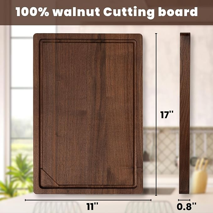Heimlove Walnut Wood Cutting Board for Kitchen, 17"x11" Reversible Wooden Chopping Board with Deep Juice Grooves and Handles, Natural Walnut Wood Cutting Board for Chopping, Cheese, Vegetables