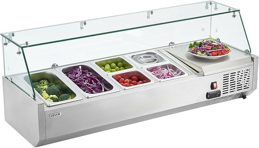 VEVOR Refrigerated Condiment Prep Station, 130 W Countertop Refrigerated Condiment Station, with Two 1/3 Pans & Four 1/6 Pans, 304 Stainless Body and PC Lid, Sandwich Prep Table with Glass Guard