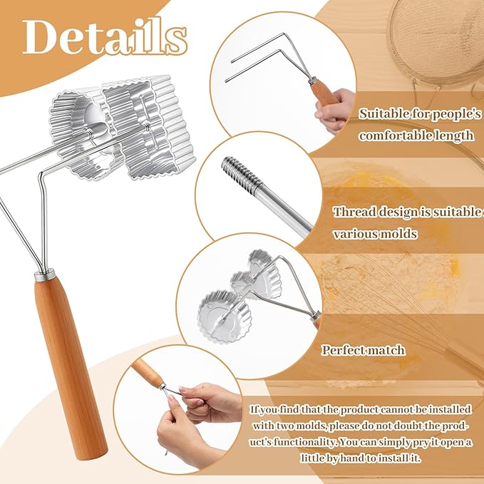 Zhehao 9 Piece Rosette Iron Mold Set with Double Headed Handle Bunuelos Molds with 8 Interchangeable Heads Timbale Cookie Mold Tool for Waffles Cakes Biscuits for Baking Cooking Kitchen