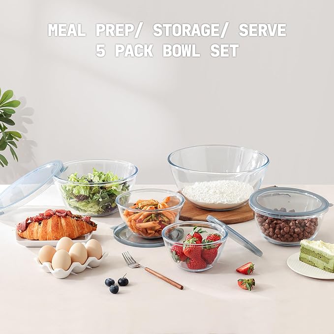 5pc Glass Mixing Bowls with Lids Set (4.65QT, 2.80QT, 1.64QT, 1.16QT, 0.85QT), Nesting Salad Bowl, Large Glass Mixing Bowl for Cooking, Baking, Prepping-Dishwasher Microwave Freezer Safe