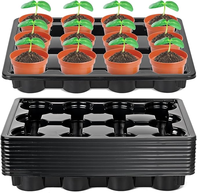 Sckee 12 Cell Round Nursery Pots Trays,Flower Pot Moving Tray, Nursery Pot Tray Plastic Planting Pot Carrying Trays for Moving Nursery Pot (17.2"×13.2"×2.5", 10PCS for 4'' Pots)