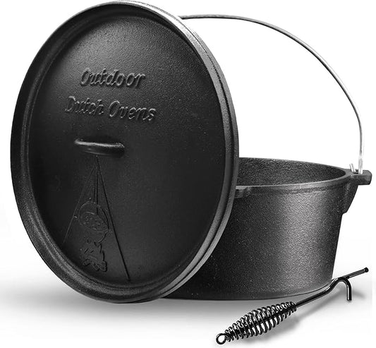 Camping Dutch Oven,12 Qt Pre-Seasoned Cast Iron Camp Dutch Oven Pot with Lid - Lid Lifter, Cast Iron Dutch Oven with Metal Handle for Cooking BBQ Baking Campfire Modern Black