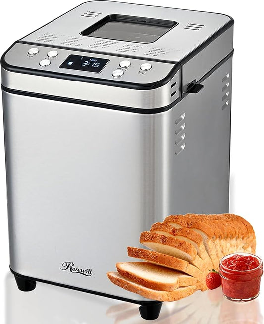 Rosewill 25-in-1 Automatic Bread Maker Machine with 3 Loaf Size up to 2 Lb, 700W High Power Dual Heater Bread Maker with BPA-free Nonstick Coating Pan, Max 15 Hours Delay Timer, Low Noise - Silver