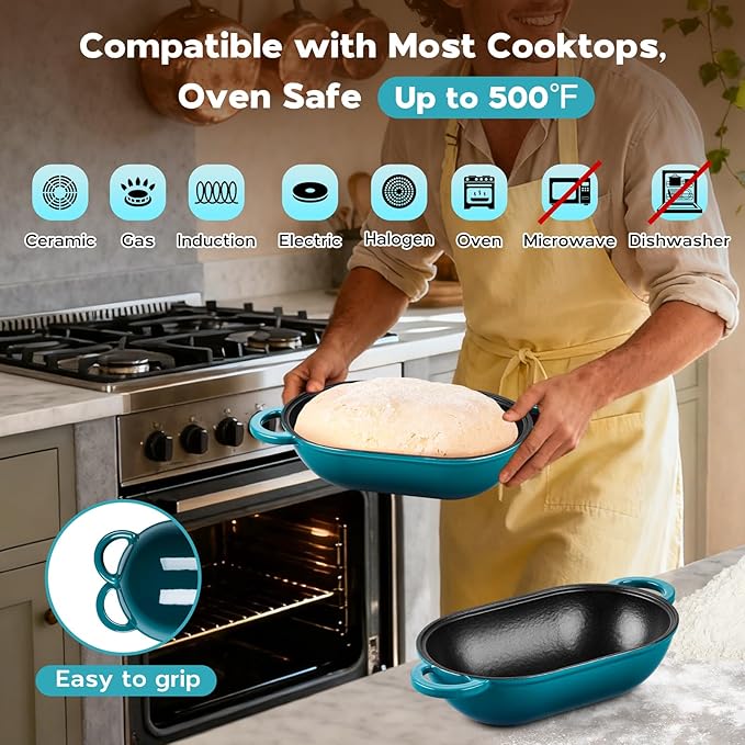 Onader Enameled Cast Iron Dutch Oven for Sourdough Bread Baking, 9x5-1/2 Inch Oval Cast Iron Bread Oven Pan with Lid, 2.8QT Meatloaf Pan, Heavy Duty - Dark Cyan
