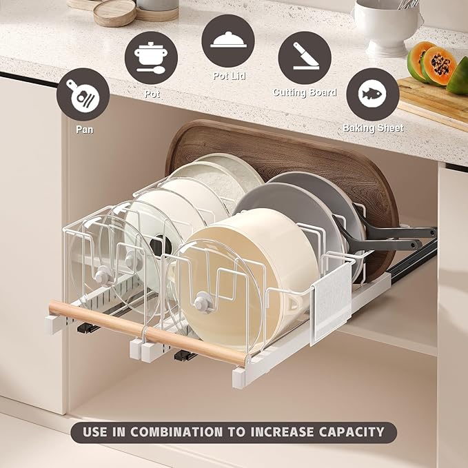 Pull Out Pots and Pans Organizer Under Cabinet, 22" Deep Expandable Pot Lid Organizer and Storage with 10 Adjustable Dividers Adhesive Pot and Pan Holder Rack with Handle Bracket(1 Pack,White)