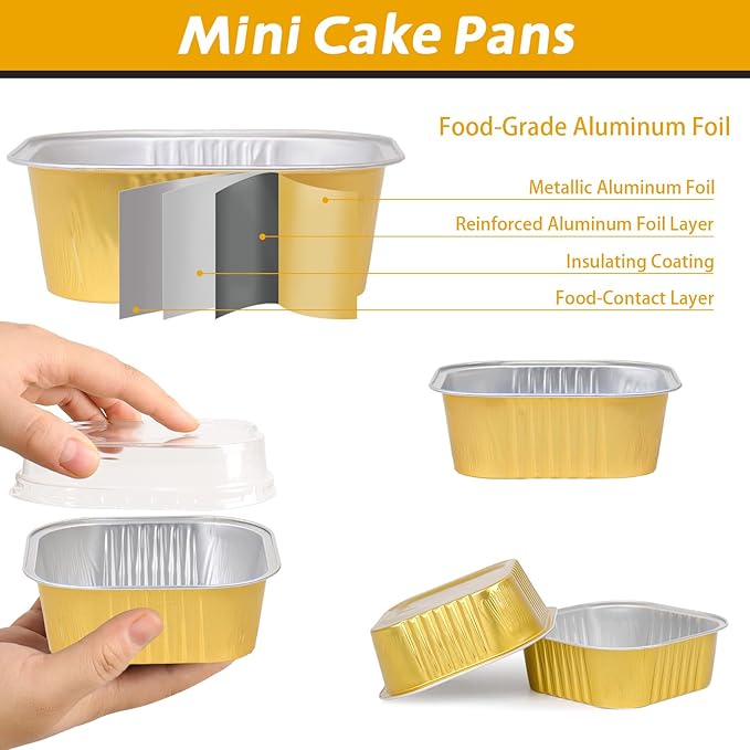 200 Pack 8 oz Gold Mini Aluminum Cake Pans with Lids and Spoons, Disposable Square Baking Cups, Oven Safe Foil Ramekins for Individual Desserts, Cupcakes, Cheesecakes Ramekins Muffin