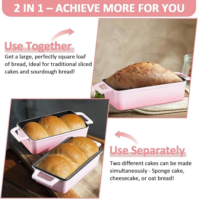 Leonyo Cast Iron Loaf Pan 2 Piece Set, 9x5 inch Enameled Cast Iron Bread Pan with Lid, 2-in-1 Homemade Sourdough Bread Dutch Oven for Pound Cake, Lasagna, Up to 500℉ & Pink