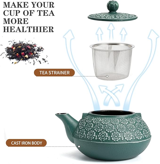 Sotya Cast Iron Teapot, 40oz/1200ml Japanese Tetsubin Tea Pot with Infuser for Loose Leaf and Tea Bags, Tea Kettle Coated with Enameled Interior for Stove Top, Dark Green