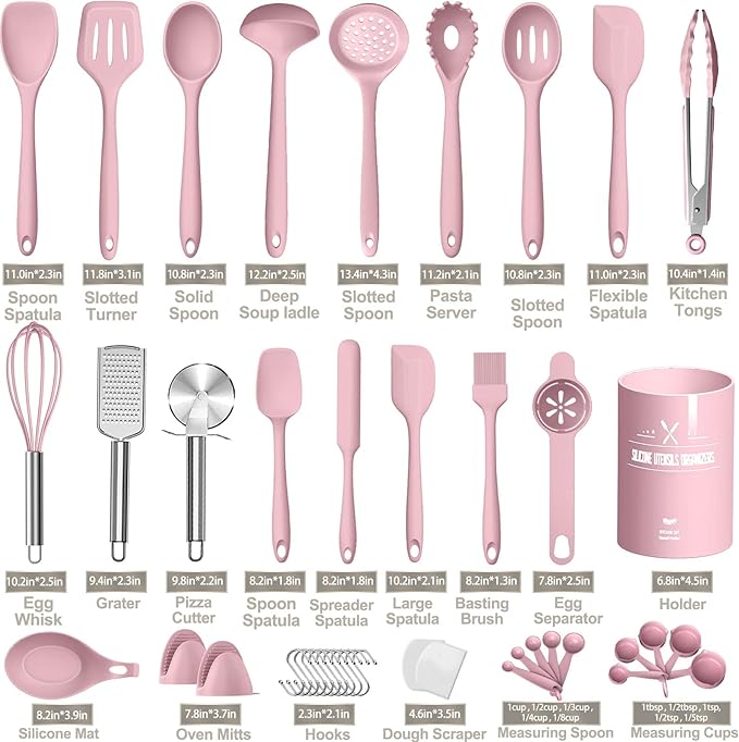 Silicone Cooking Kitchen Utensil Set, AIKKIL 43 Pcs Pink Cooking Utensils Set, Turner, Tongs, Spoon, Spatula, Kitchen Gadgets Tools Set For Nonstick Cookware, Heat Resistant (Dishwasher, BPA Free)