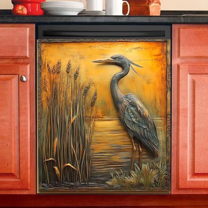 Heron Bird Dishwasher Magnet Cover, Bronze Gold Refrigerator Magnetic Vinyl Sticker for Dishwasher Door, Decorative Kitchen Appliance Panel Decal, 23Wx26H Inches