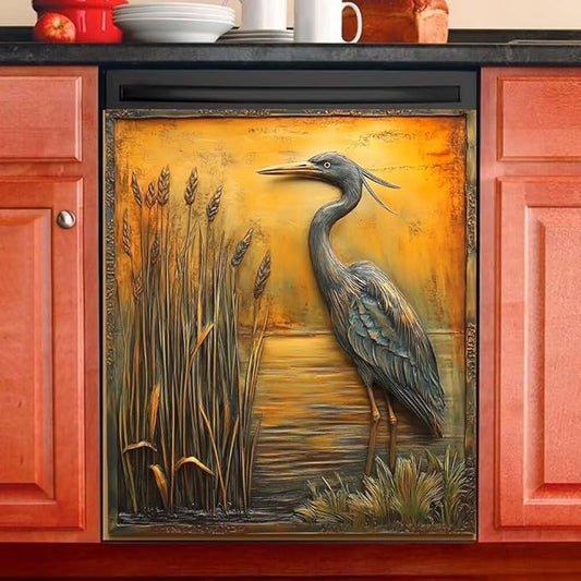 Heron Bird Dishwasher Magnet Cover, Bronze Gold Refrigerator Magnetic Vinyl Sticker for Dishwasher Door, Decorative Kitchen Appliance Panel Decal, 23Wx26H Inches