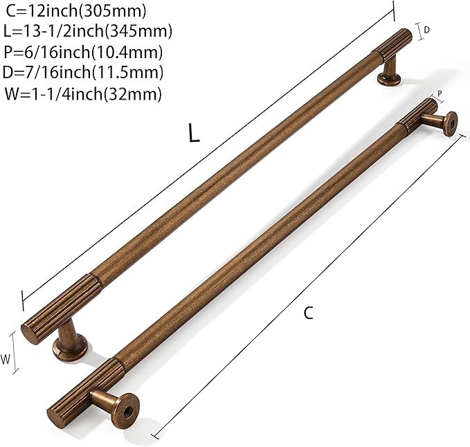 khtumeware 12 Inch Hole Center 2 Pack Antique Brass Heavy Duty Solid Vintage Brass Cabinet Pulls, Kitchen Drawer Handles, for Dresser cabinets, cabinets, Door cabinets, Hardware