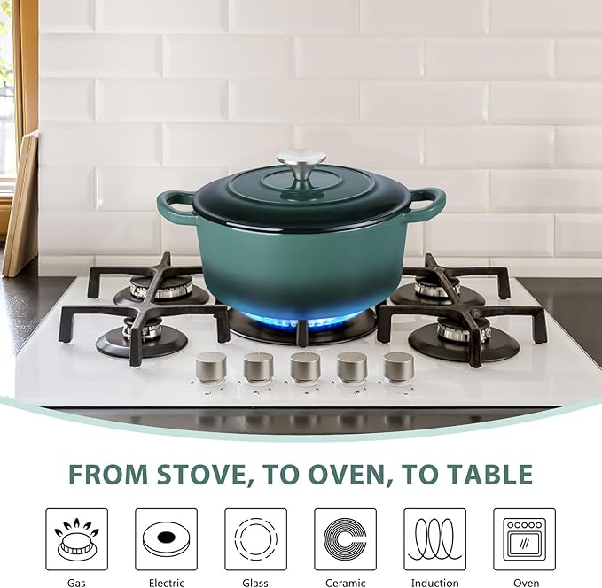 E-far 3 Qt Enameled Cast Iron Dutch Oven with Lid, Small Round Nonstick Dutch Oven Pot for Bread Baking Braising Stews Roasting Cooking, Heavy Duty, Induction & Oven Safe - Forest Green