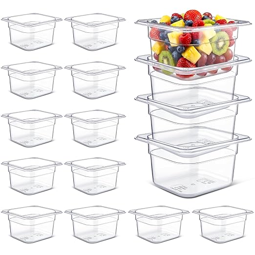 Rtteri 22 Pcs 1/6 Size Clear Plastic Pans Set: 16 Food Prep Containers & 2 Tongs & 4 Spoons for Salad Bar Buffet Restaurant Hotel Commercial Home for Fruit Vegetable Sauce Bean Corn Deli(4 Inch Deep)
