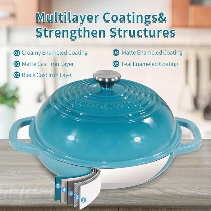 Enameled Cast Iron Bread Oven, 6 Quart Dutch Oven for Bread Sourdough Baking, 11" Thick Enamel Bread Baking Pan Kit with Lid for Stews, Roasts and Gifts for Family, Teal
