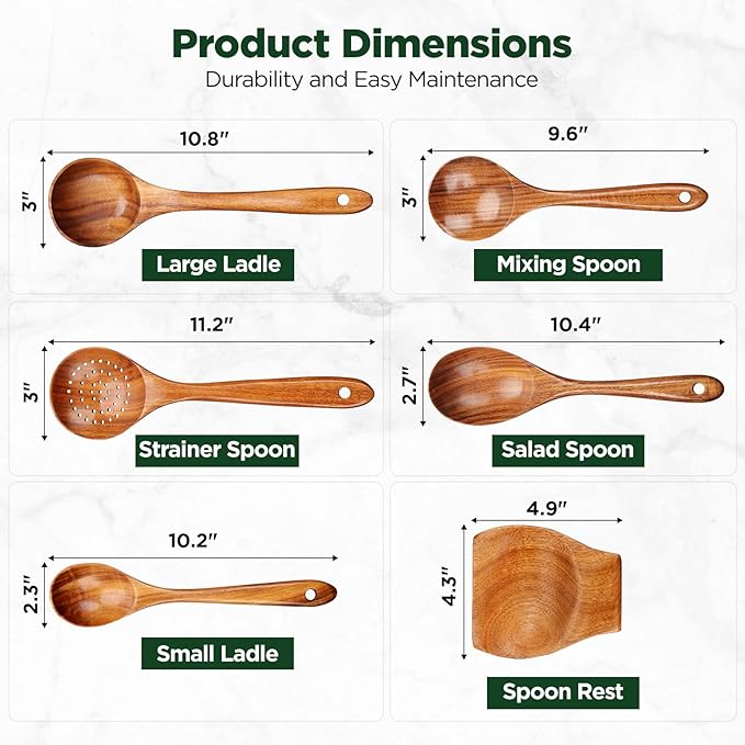 ANBUY Wooden Spoons for Cooking, 6 Pcs Teak Wood Kitchen Utensil Set with Spoon Rest, Ladle Salad Skimmer Spoon for Mixing Serving, Heat-Resistant Cooking Utensil, Gentle for Non Stick Cookware